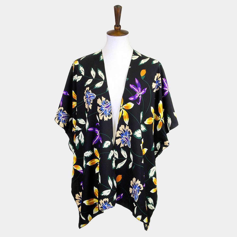 Black Flower Printed Cover Up Kimono Poncho - Jewelry Store by Erik Rayo
