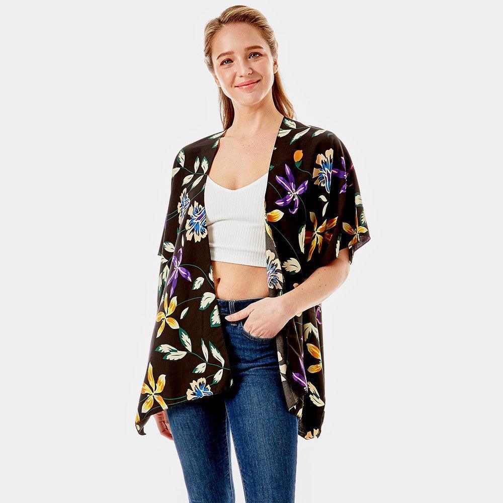 Black Flower Printed Cover Up Kimono Poncho - Jewelry Store by Erik Rayo