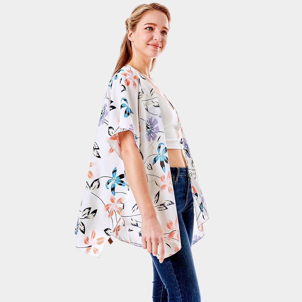 Ivory Flower Printed Cover Up Kimono Poncho - Jewelry Store by Erik Rayo