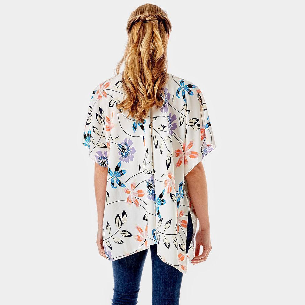 Ivory Flower Printed Cover Up Kimono Poncho - Jewelry Store by Erik Rayo