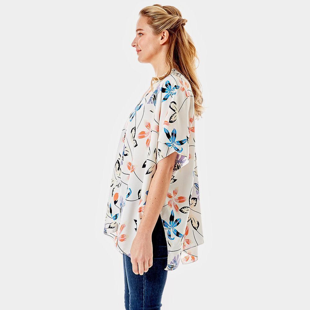 Ivory Flower Printed Cover Up Kimono Poncho - Jewelry Store by Erik Rayo