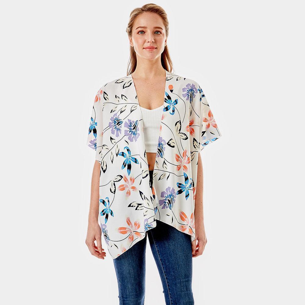 Ivory Flower Printed Cover Up Kimono Poncho - Jewelry Store by Erik Rayo