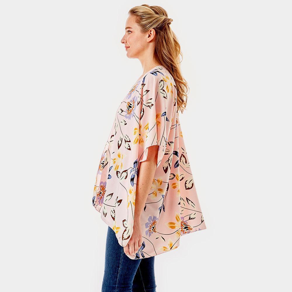 Pink Flower Printed Cover Up Kimono Poncho - Jewelry Store by Erik Rayo