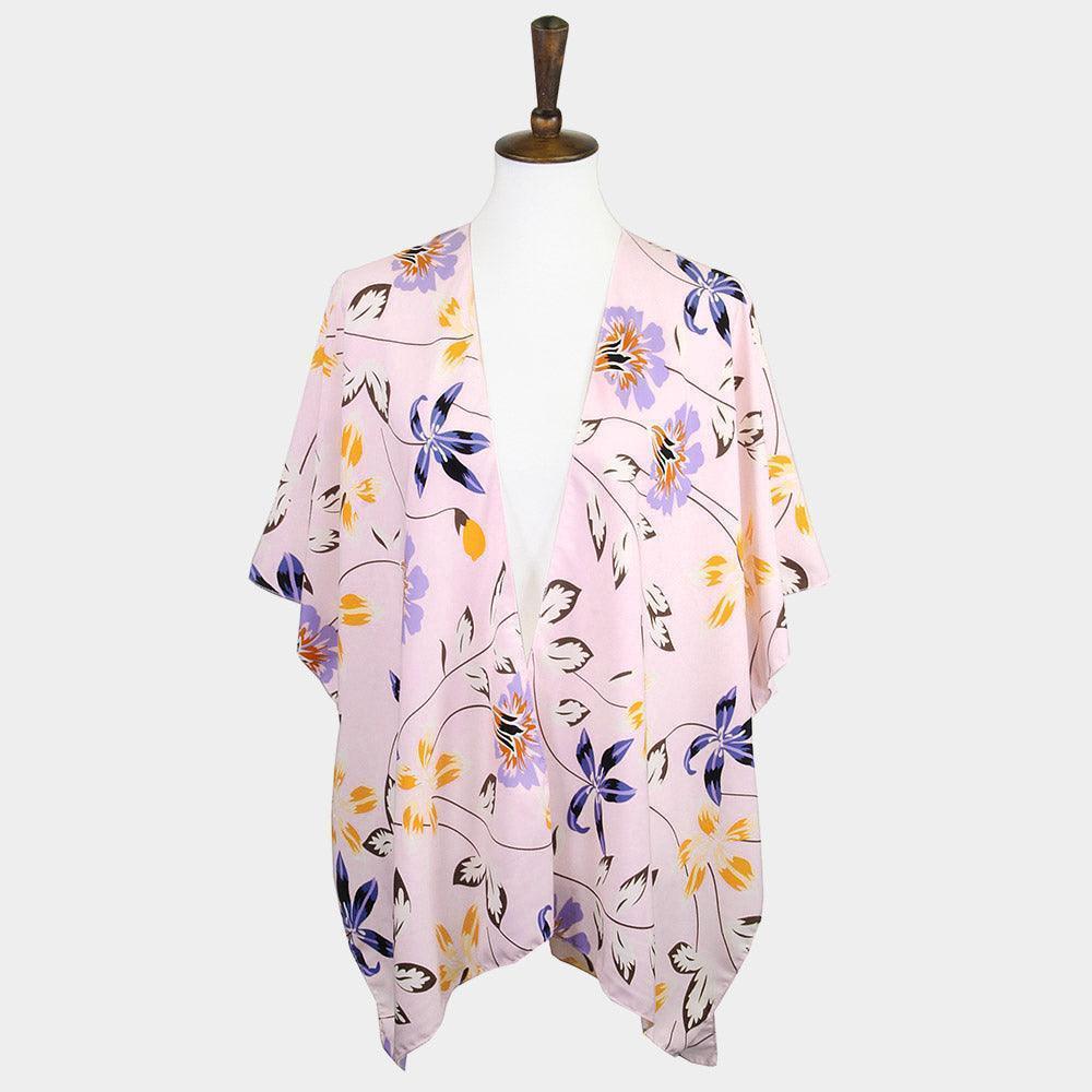Pink Flower Printed Cover Up Kimono Poncho - Jewelry Store by Erik Rayo