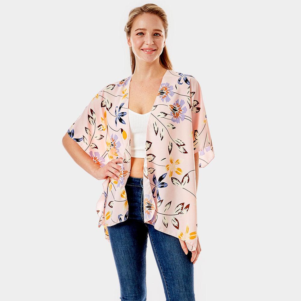 Pink Flower Printed Cover Up Kimono Poncho