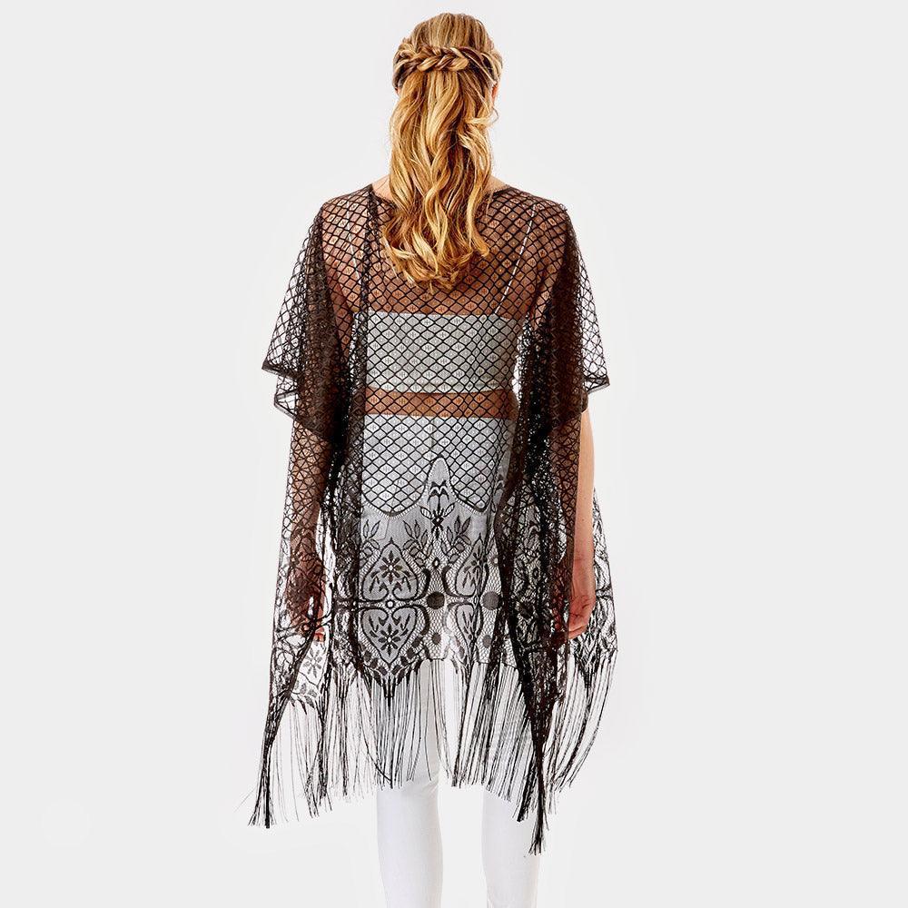 Black Heart Pattern Detailed Crochet Lace Cover Up Poncho - Jewelry Store by Erik Rayo