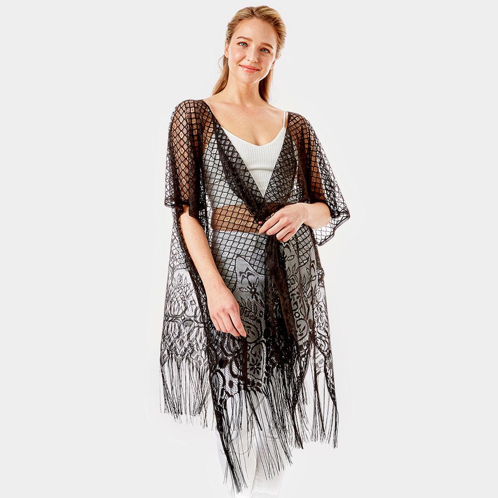 Black Heart Pattern Detailed Crochet Lace Cover Up Poncho