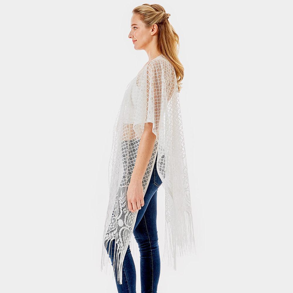 White Heart Pattern Detailed Crochet Lace Cover Up Poncho - Jewelry Store by Erik Rayo