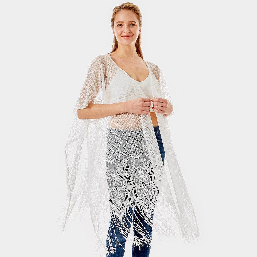 White Heart Pattern Detailed Crochet Lace Cover Up Poncho - Jewelry Store by Erik Rayo
