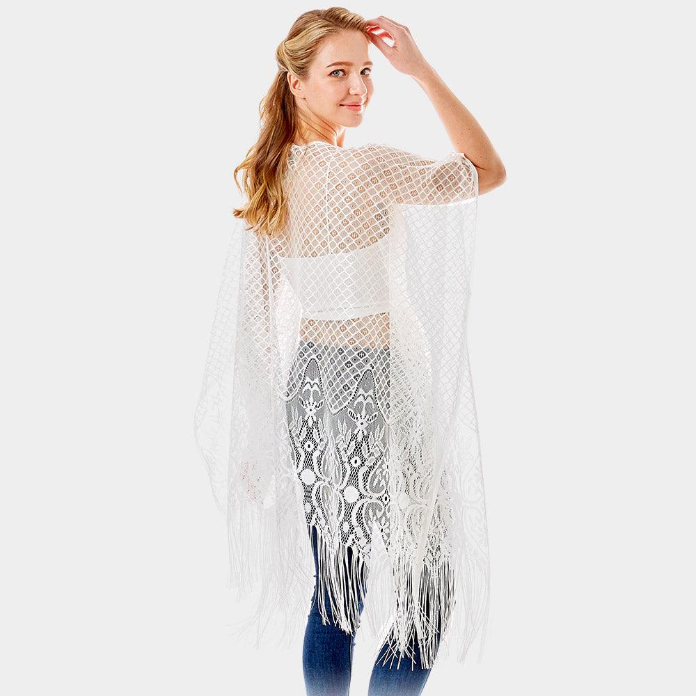 White Heart Pattern Detailed Crochet Lace Cover Up Poncho