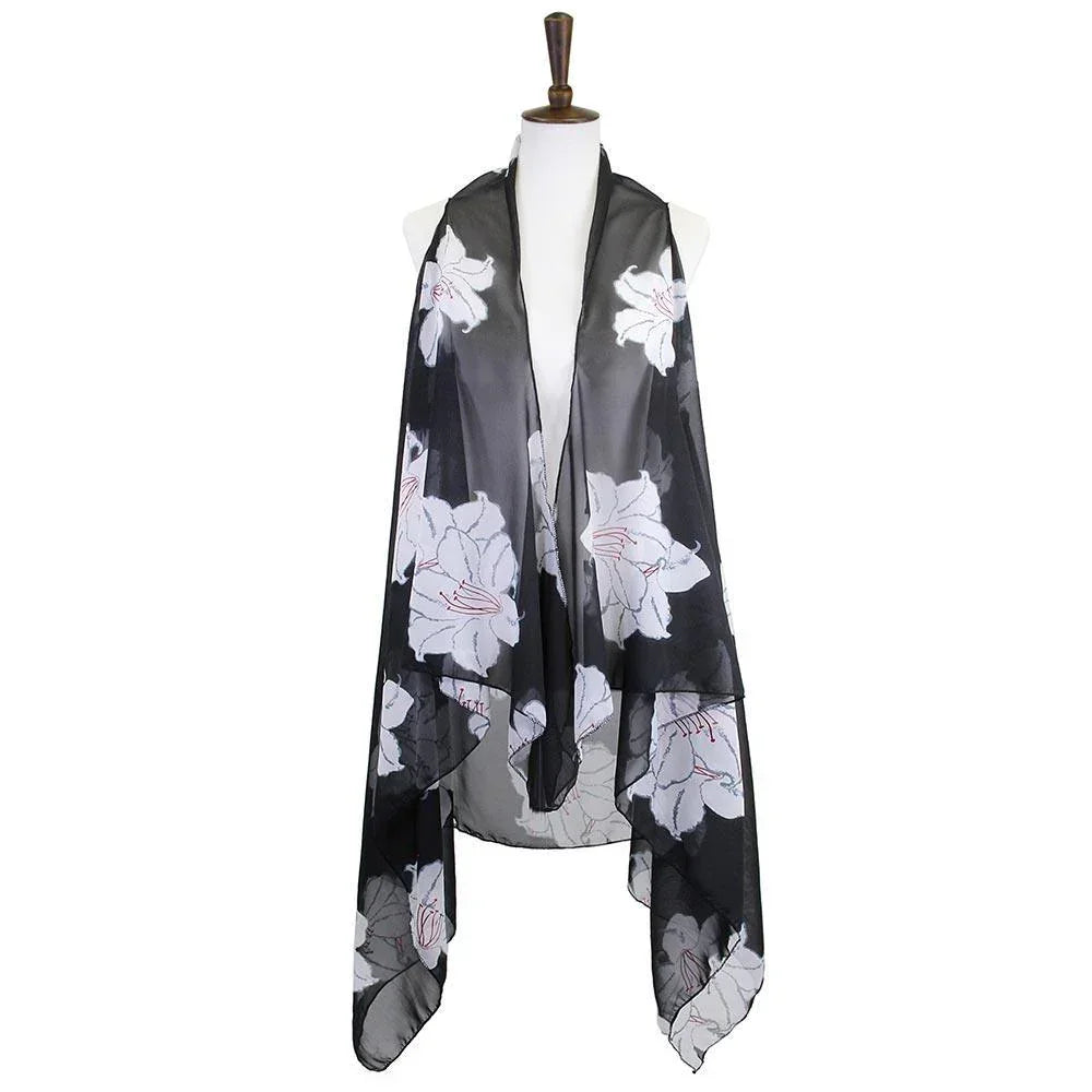Black Lily Flower Patterned Chiffon Cover Up Vest - Jewelry Store by Erik Rayo