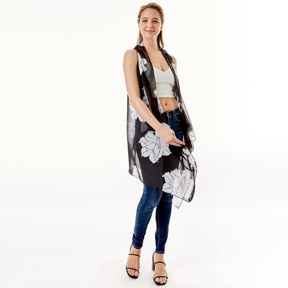 Black Lily Flower Patterned Chiffon Cover Up Vest - Jewelry Store by Erik Rayo