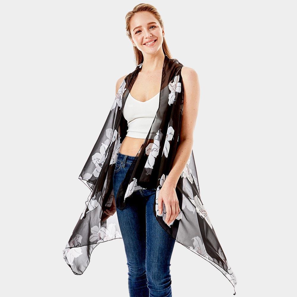 Black Lily Flower Patterned Chiffon Cover Up Vest - Jewelry Store by Erik Rayo