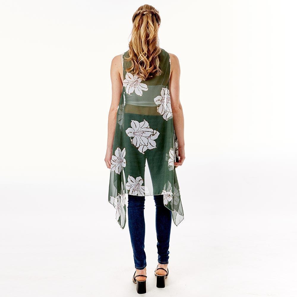 Green Lily Flower Patterned Chiffon Cover Up Vest - Jewelry Store by Erik Rayo