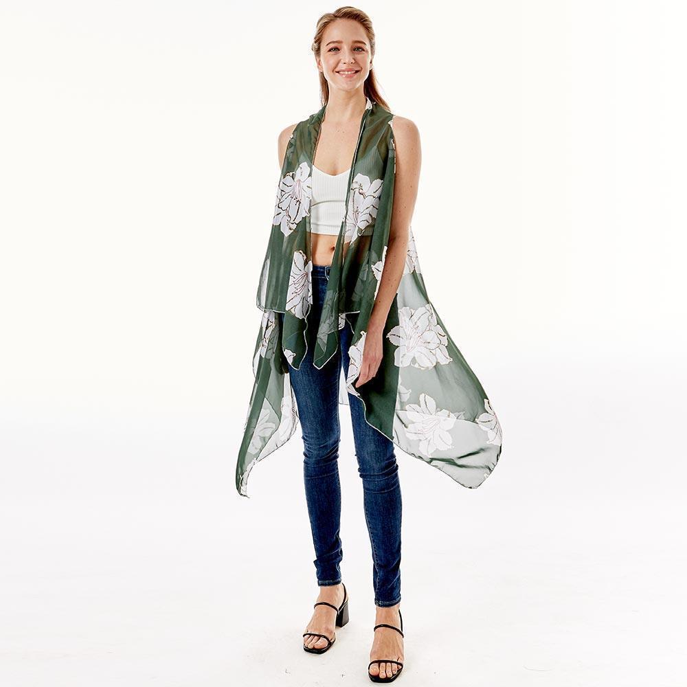 Green Lily Flower Patterned Chiffon Cover Up Vest - Jewelry Store by Erik Rayo