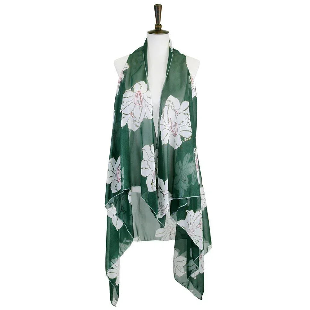 Green Lily Flower Patterned Chiffon Cover Up Vest - Jewelry Store by Erik Rayo