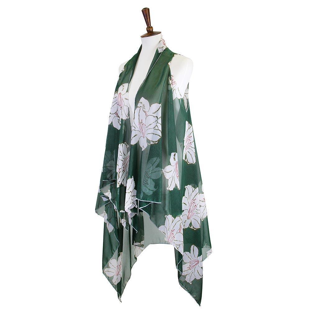 Green Lily Flower Patterned Chiffon Cover Up Vest - Jewelry Store by Erik Rayo