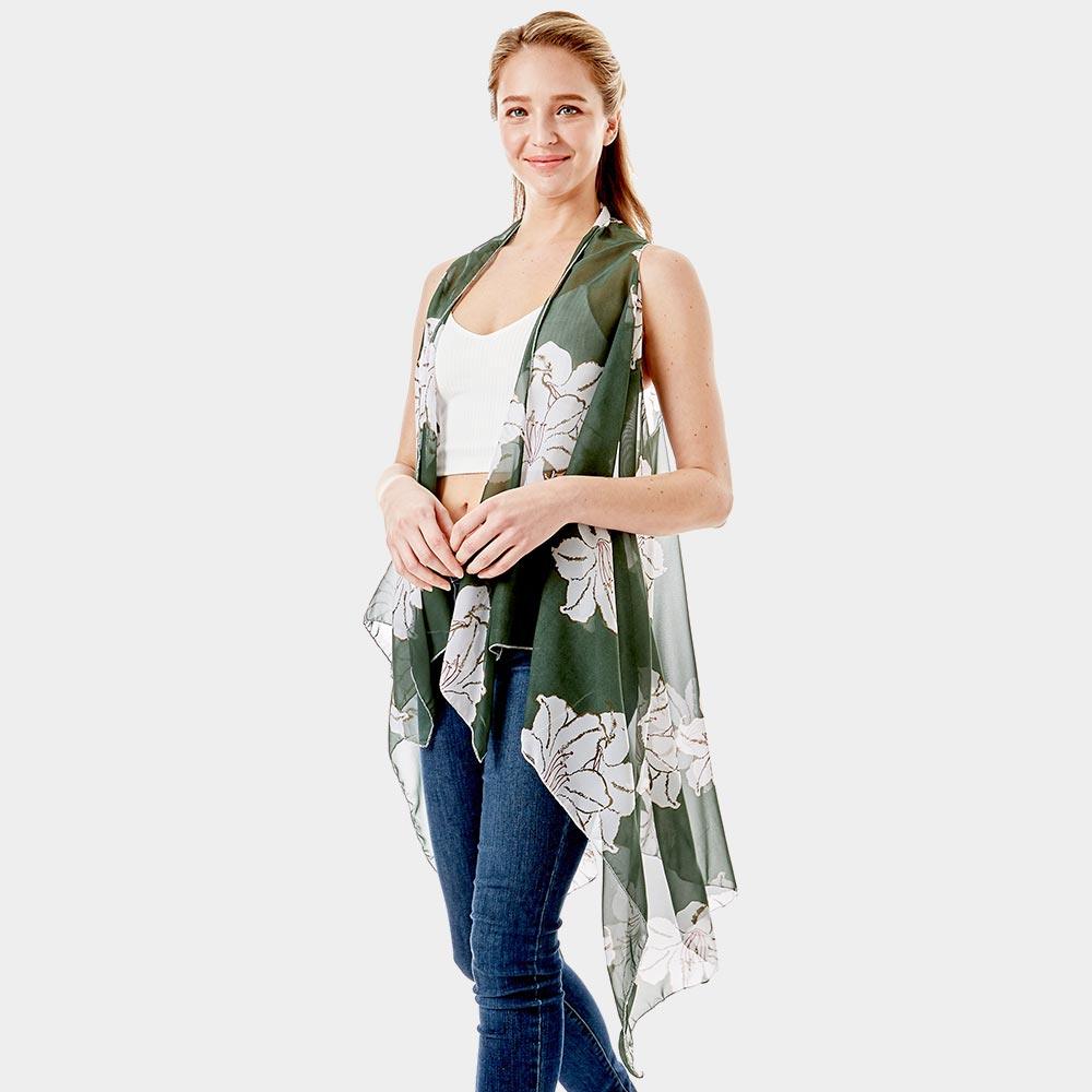 Green Lily Flower Patterned Chiffon Cover Up Vest