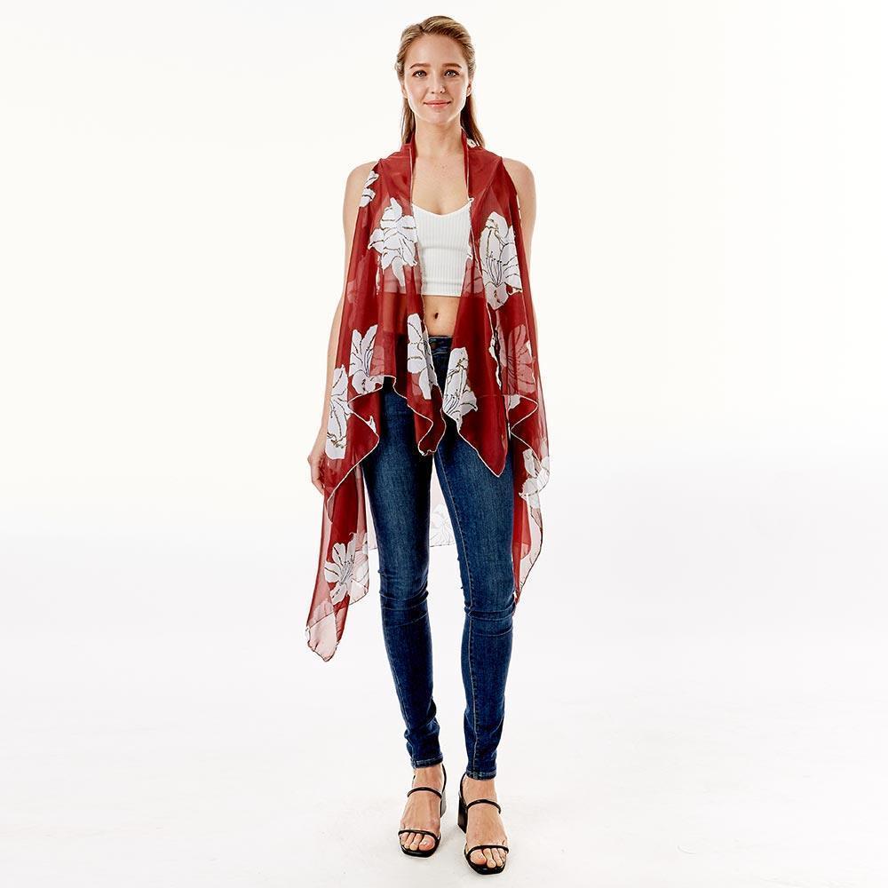 Red Lily Flower Patterned Chiffon Cover Up Vest - Jewelry Store by Erik Rayo