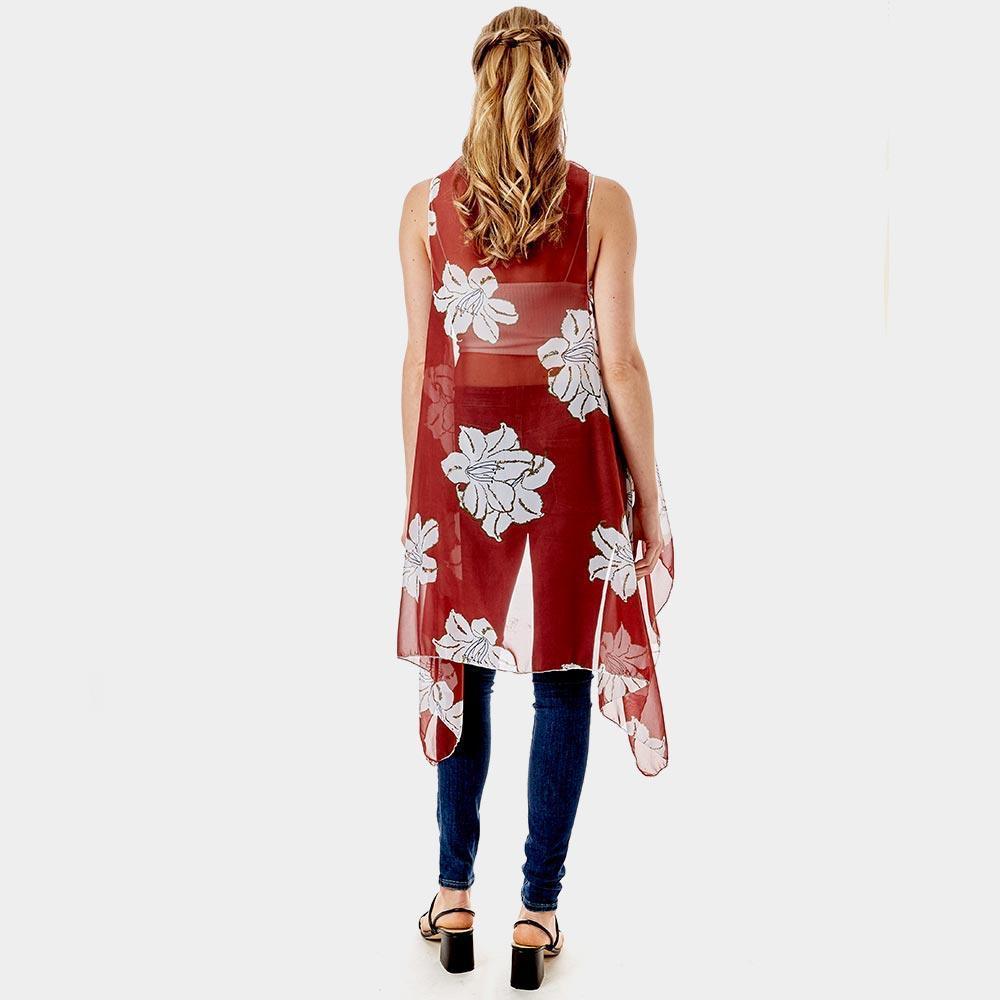 Red Lily Flower Patterned Chiffon Cover Up Vest - Jewelry Store by Erik Rayo