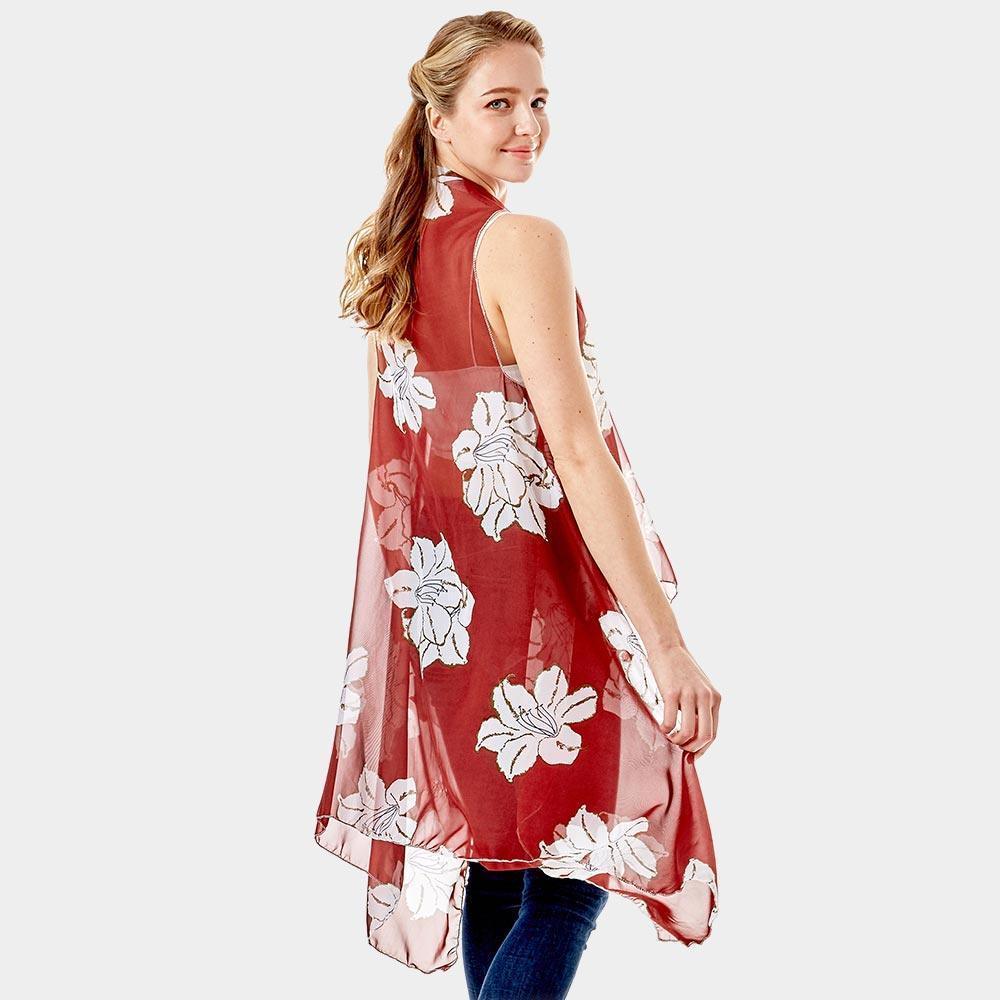 Red Lily Flower Patterned Chiffon Cover Up Vest - Jewelry Store by Erik Rayo