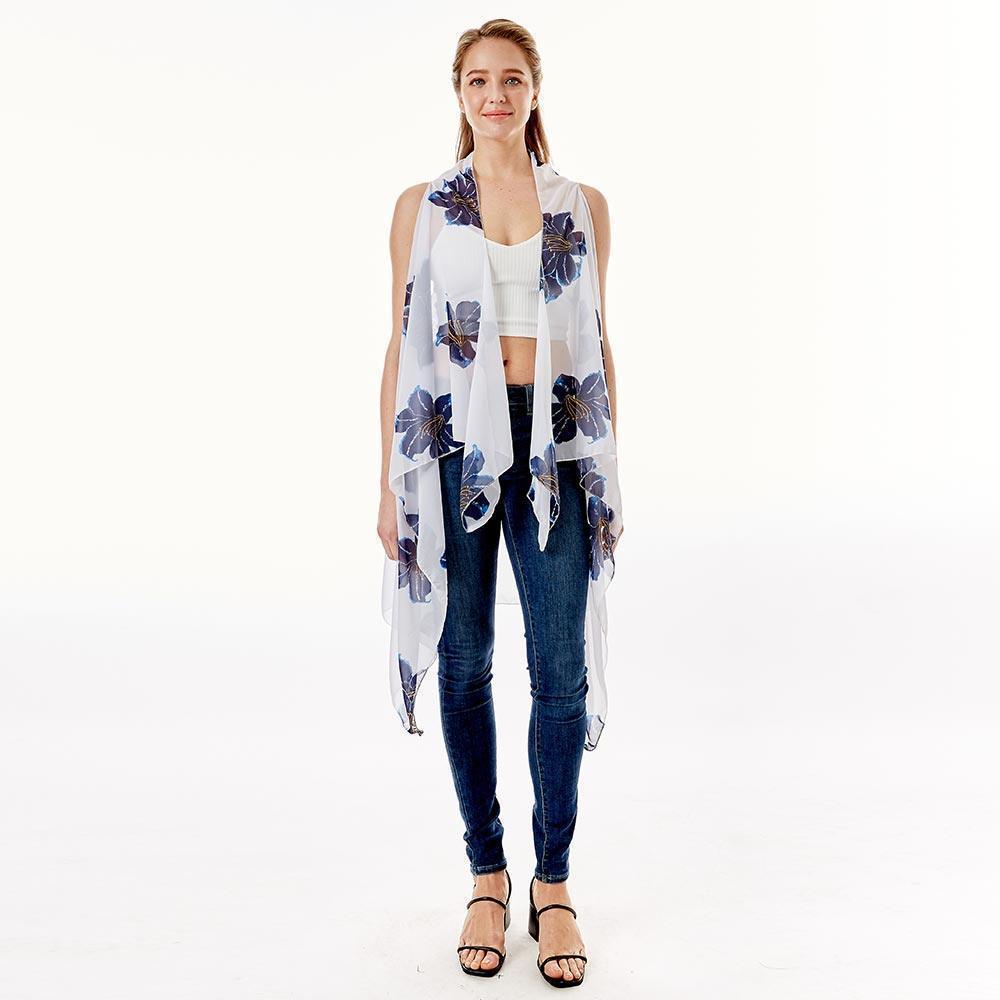 White Lily Flower Patterned Chiffon Cover Up Vest - Jewelry Store by Erik Rayo