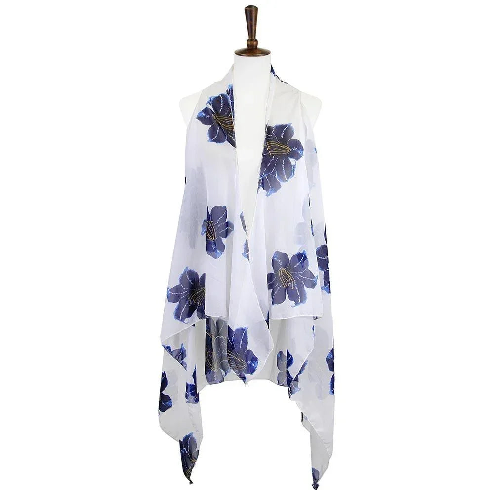White Lily Flower Patterned Chiffon Cover Up Vest - Jewelry Store by Erik Rayo