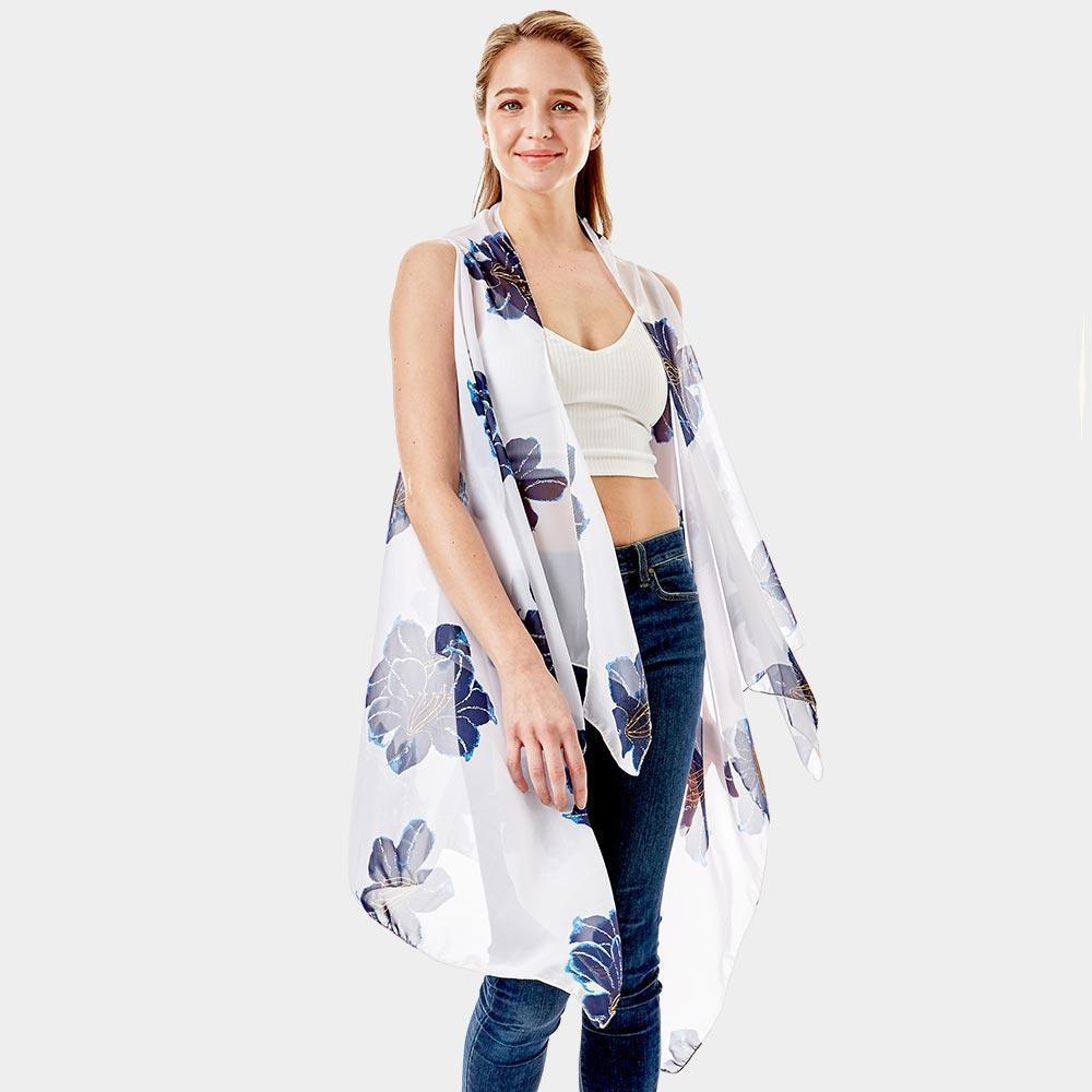 White Lily Flower Patterned Chiffon Cover Up Vest - Jewelry Store by Erik Rayo