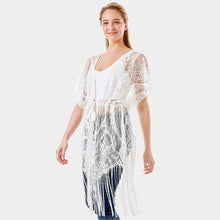 Load image into Gallery viewer, White Paisley Crochet Lace Fringe Cover Up Poncho
