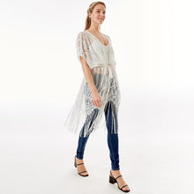 Load image into Gallery viewer, White Paisley Crochet Lace Fringe Cover Up Poncho
