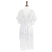 Load image into Gallery viewer, White Paisley Crochet Lace Fringe Cover Up Poncho
