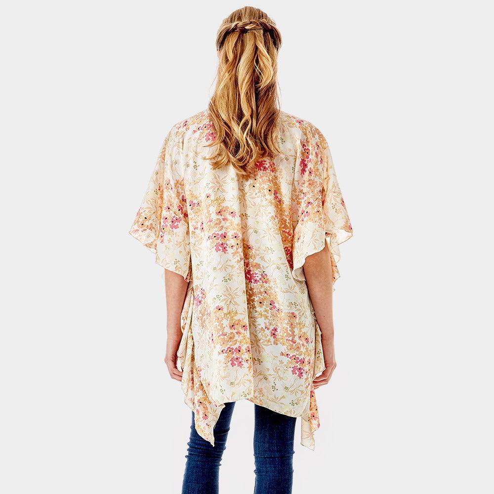 Beige Flower Printed Ruffle Sleeves Cover Up Kimono Poncho - Jewelry Store by Erik Rayo