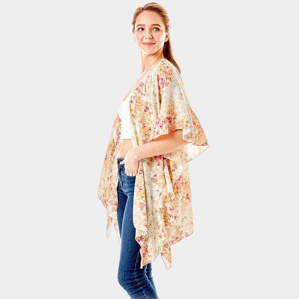 Beige Flower Printed Ruffle Sleeves Cover Up Kimono Poncho - Jewelry Store by Erik Rayo