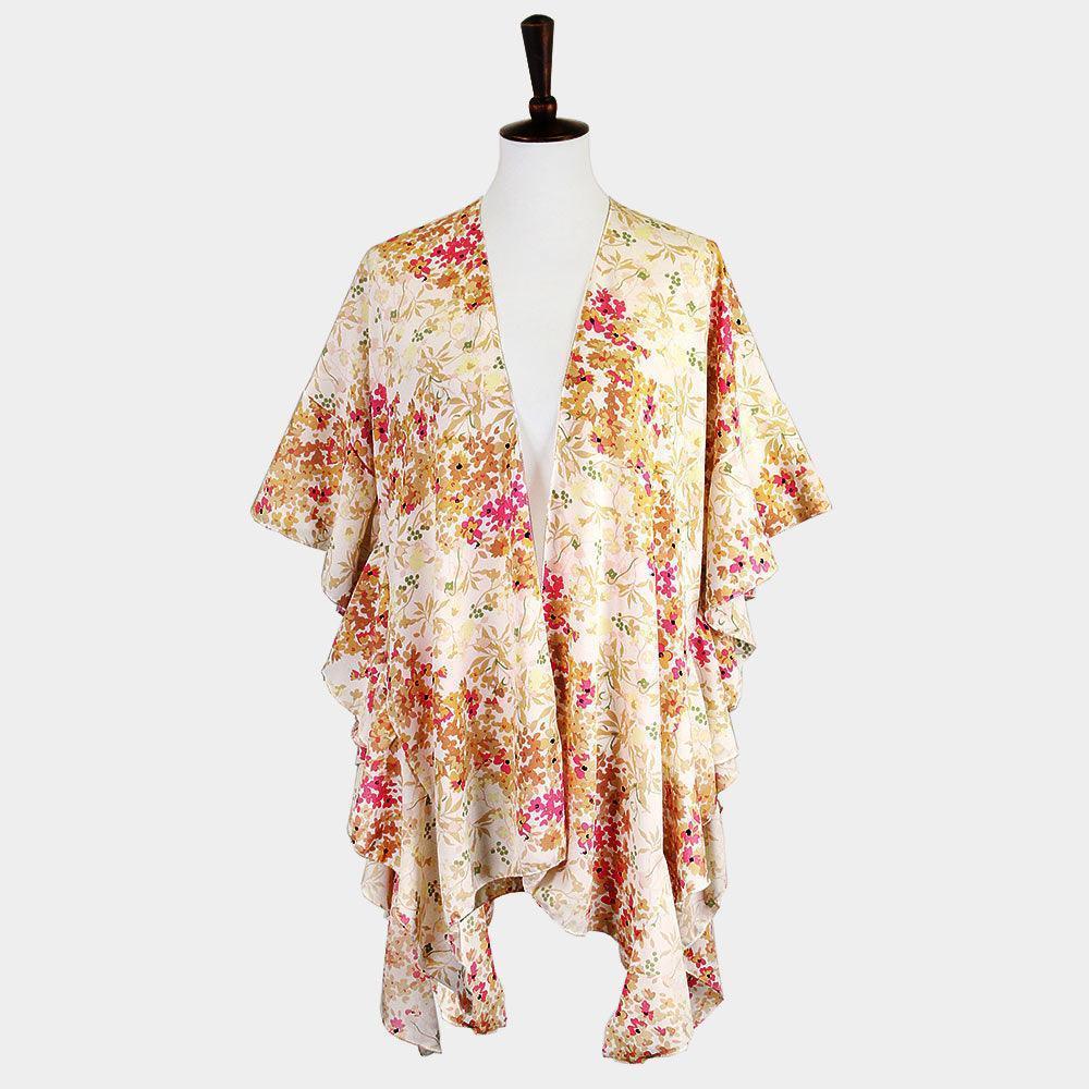 Beige Flower Printed Ruffle Sleeves Cover Up Kimono Poncho - Jewelry Store by Erik Rayo