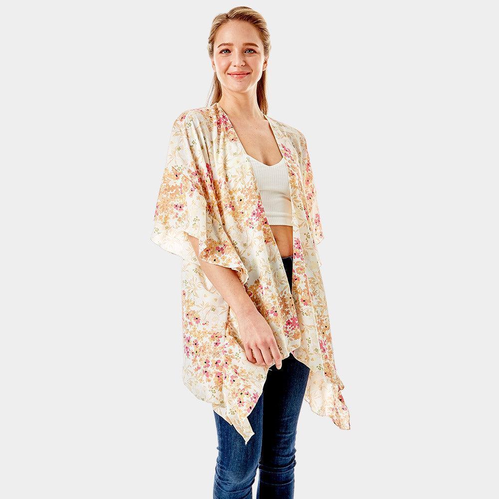 Beige Flower Printed Ruffle Sleeves Cover Up Kimono Poncho - Jewelry Store by Erik Rayo