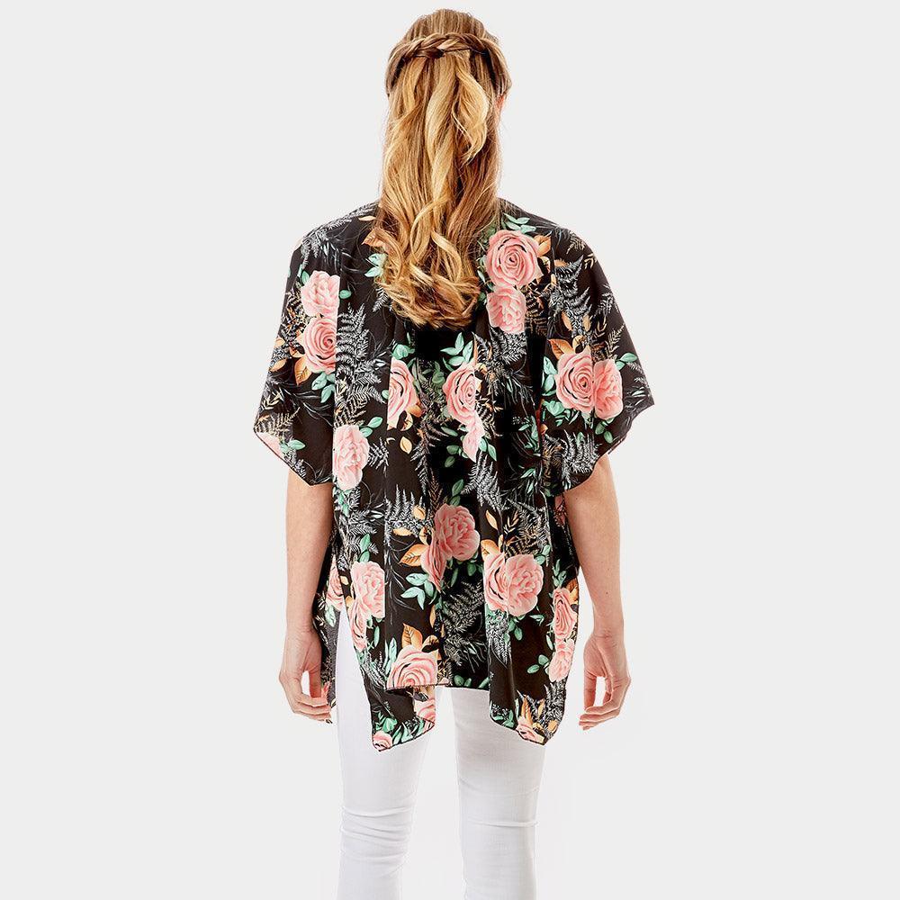 Black Garden Rose Flower Printed Cover Up Poncho Kimono Poncho - Jewelry Store by Erik Rayo