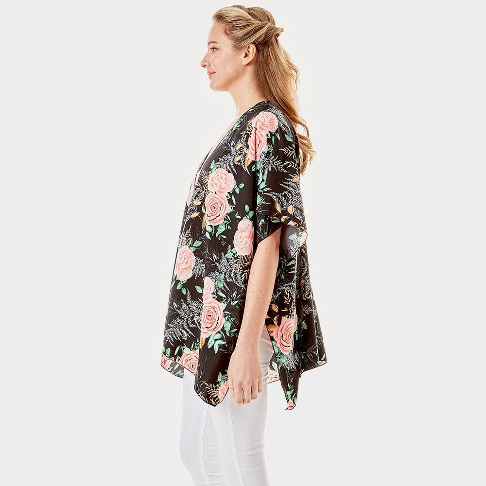 Black Garden Rose Flower Printed Cover Up Poncho Kimono Poncho - Jewelry Store by Erik Rayo