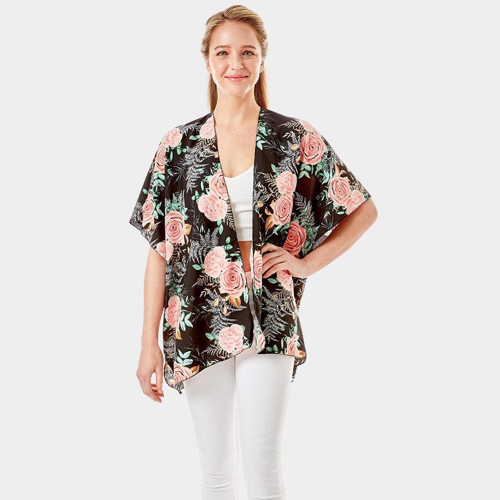 Black Garden Rose Flower Printed Cover Up Poncho Kimono Poncho - Jewelry Store by Erik Rayo