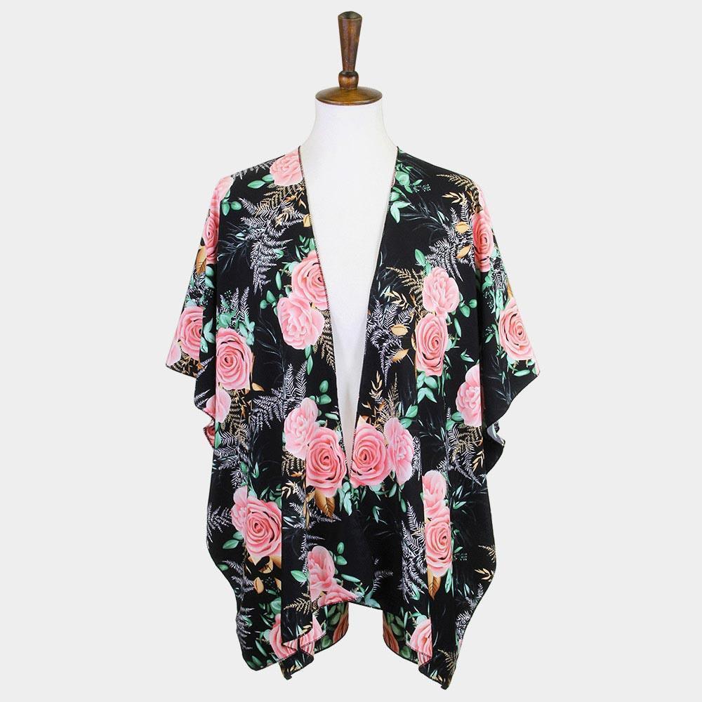 Black Garden Rose Flower Printed Cover Up Poncho Kimono Poncho - Jewelry Store by Erik Rayo