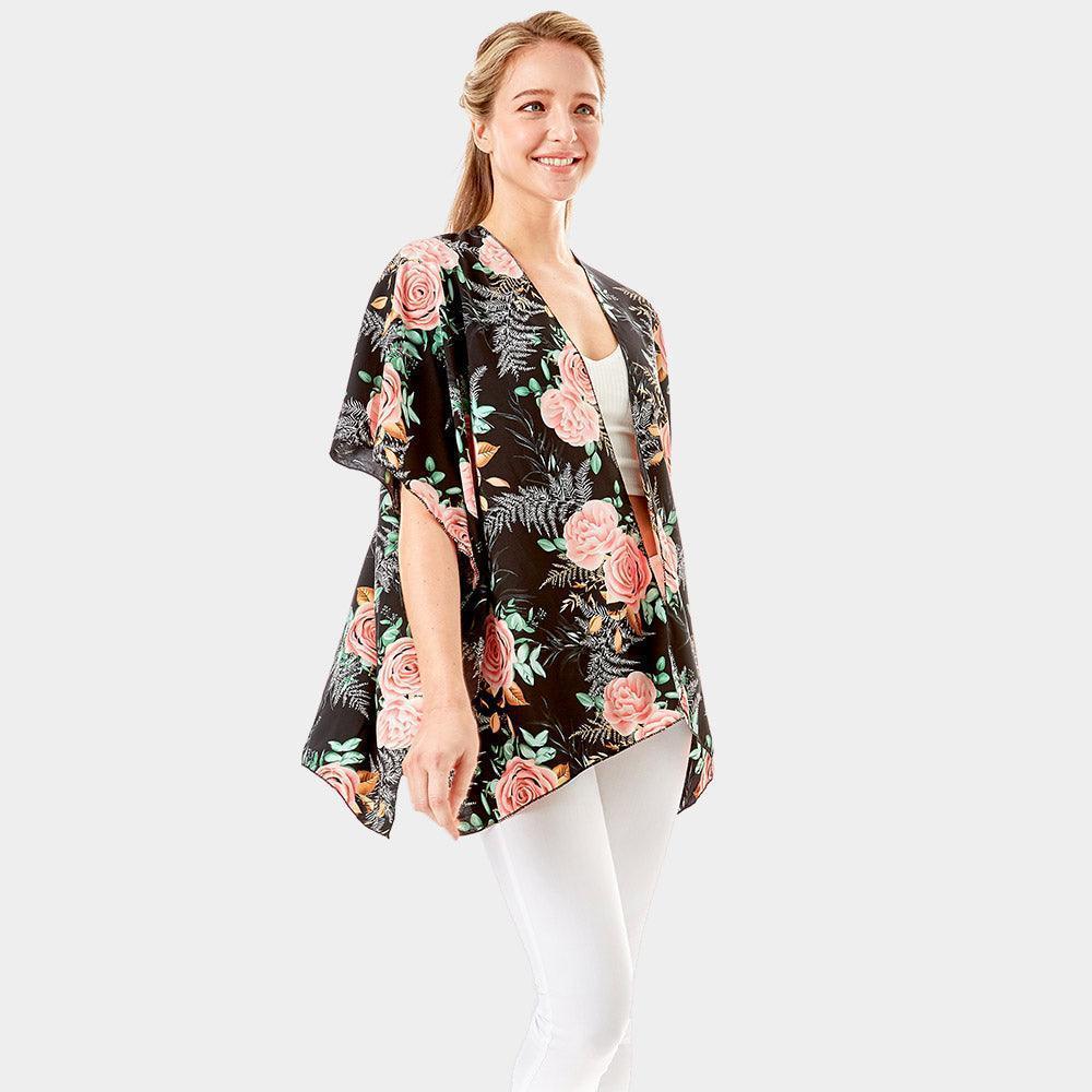 Black Garden Rose Flower Printed Cover Up Poncho Kimono Poncho - Jewelry Store by Erik Rayo