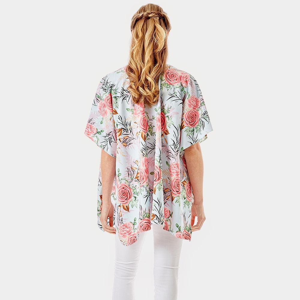 Blue Garden Rose Flower Printed Cover Up Poncho Kimono Poncho - Jewelry Store by Erik Rayo