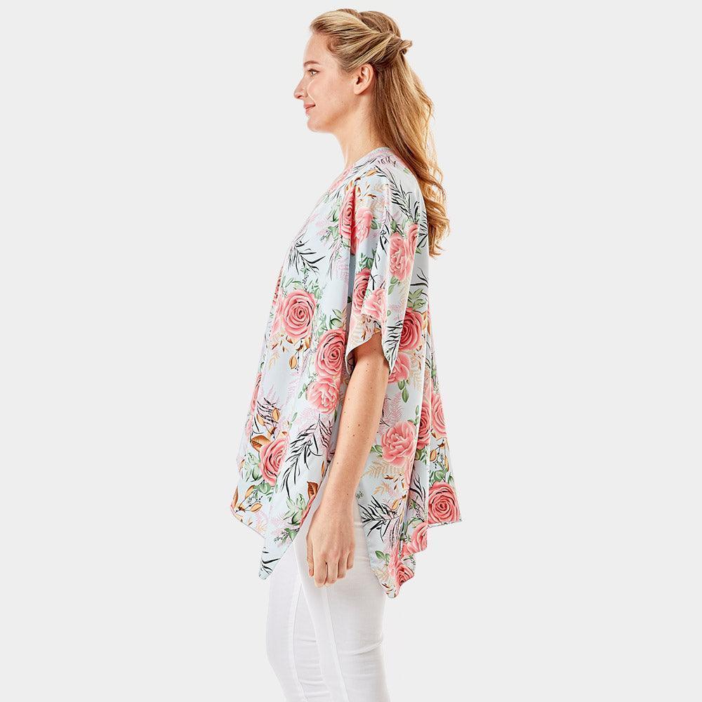 Blue Garden Rose Flower Printed Cover Up Poncho Kimono Poncho - Jewelry Store by Erik Rayo