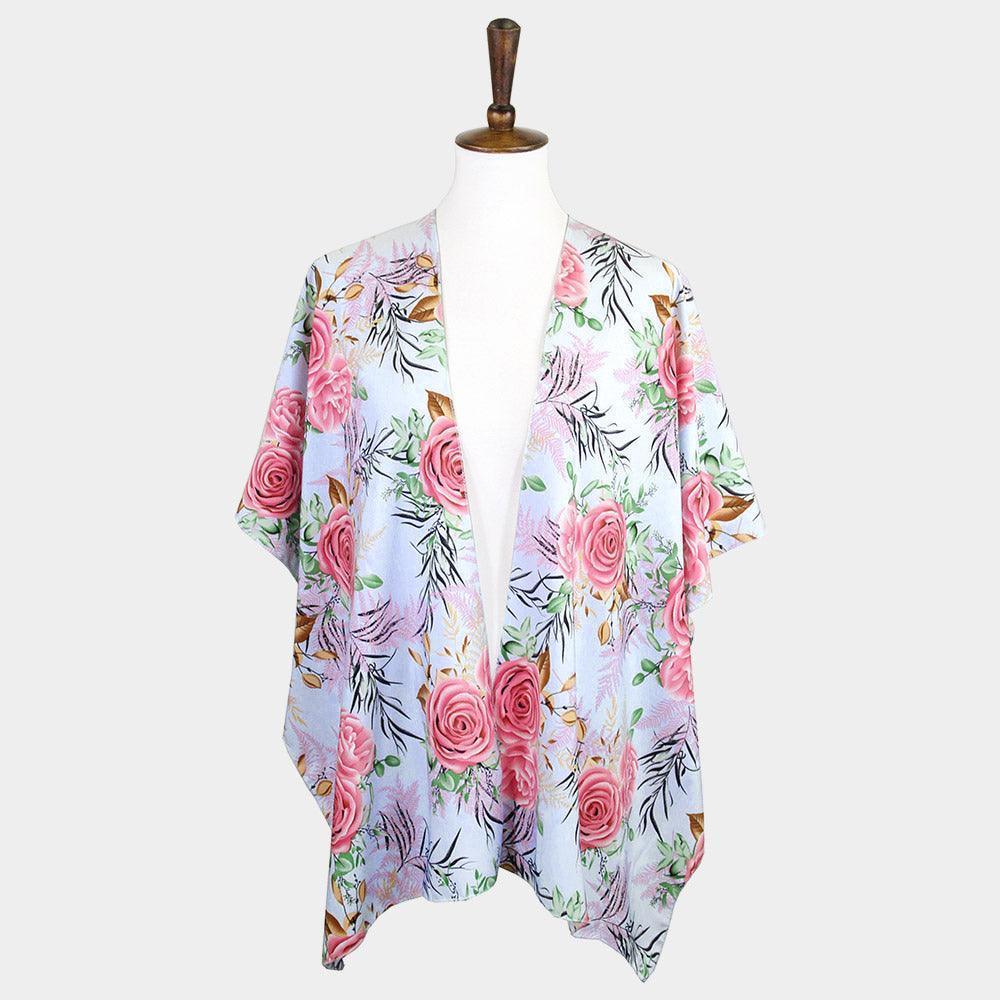 Blue Garden Rose Flower Printed Cover Up Poncho Kimono Poncho - Jewelry Store by Erik Rayo