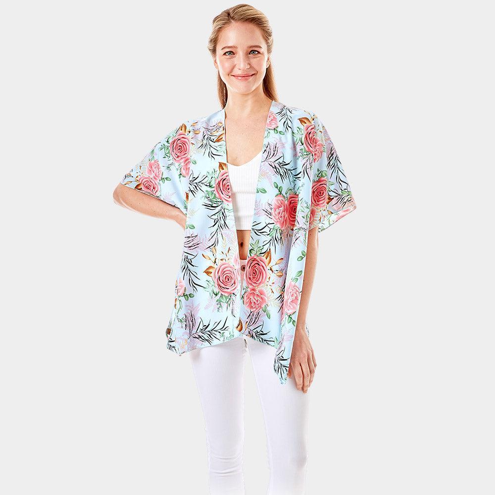Blue Garden Rose Flower Printed Cover Up Poncho Kimono Poncho - Jewelry Store by Erik Rayo