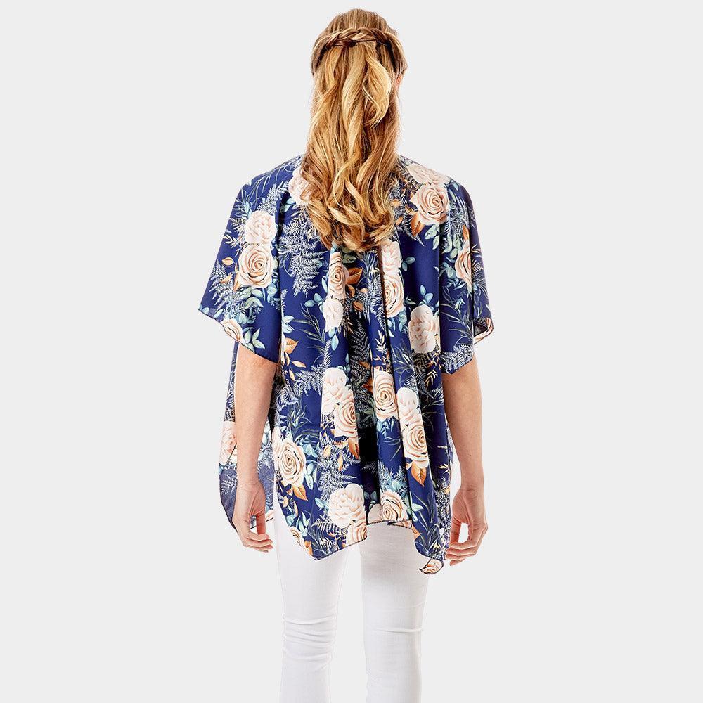 Navy Garden Rose Flower Printed Cover Up Poncho Kimono Poncho - Jewelry Store by Erik Rayo