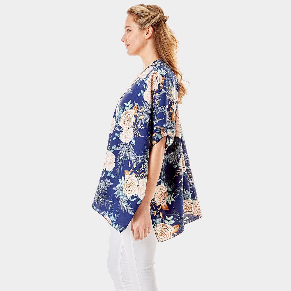 Navy Garden Rose Flower Printed Cover Up Poncho Kimono Poncho - Jewelry Store by Erik Rayo