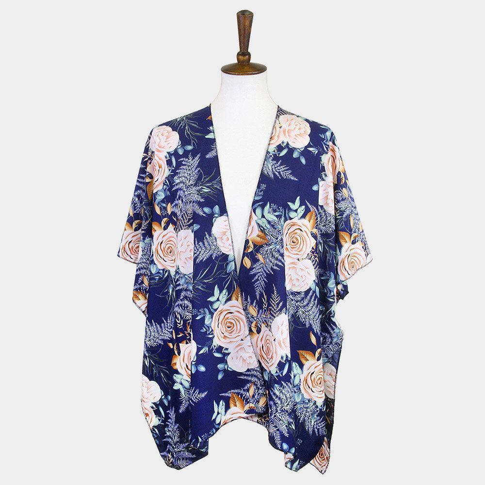 Navy Garden Rose Flower Printed Cover Up Poncho Kimono Poncho - Jewelry Store by Erik Rayo