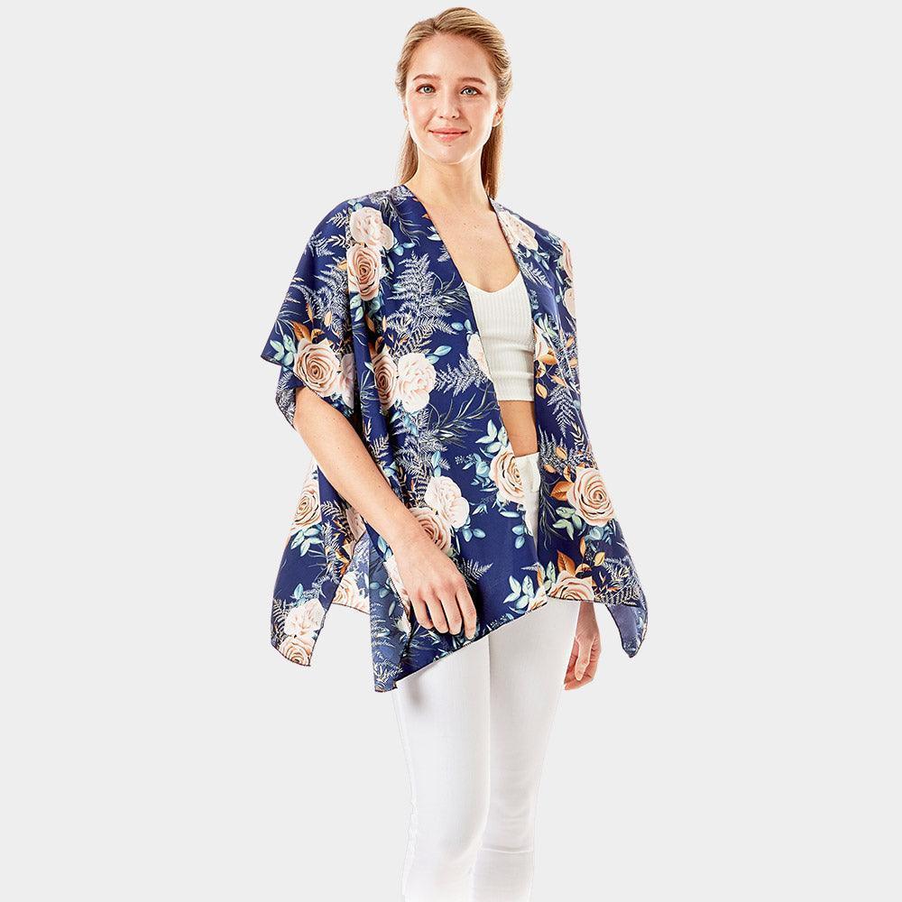 Navy Garden Rose Flower Printed Cover Up Poncho Kimono Poncho - Jewelry Store by Erik Rayo