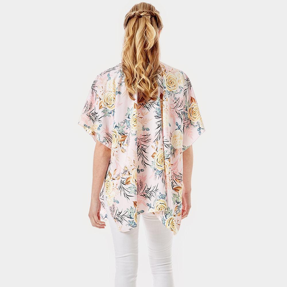 Pink Garden Rose Flower Printed Cover Up Poncho Kimono Poncho - Jewelry Store by Erik Rayo