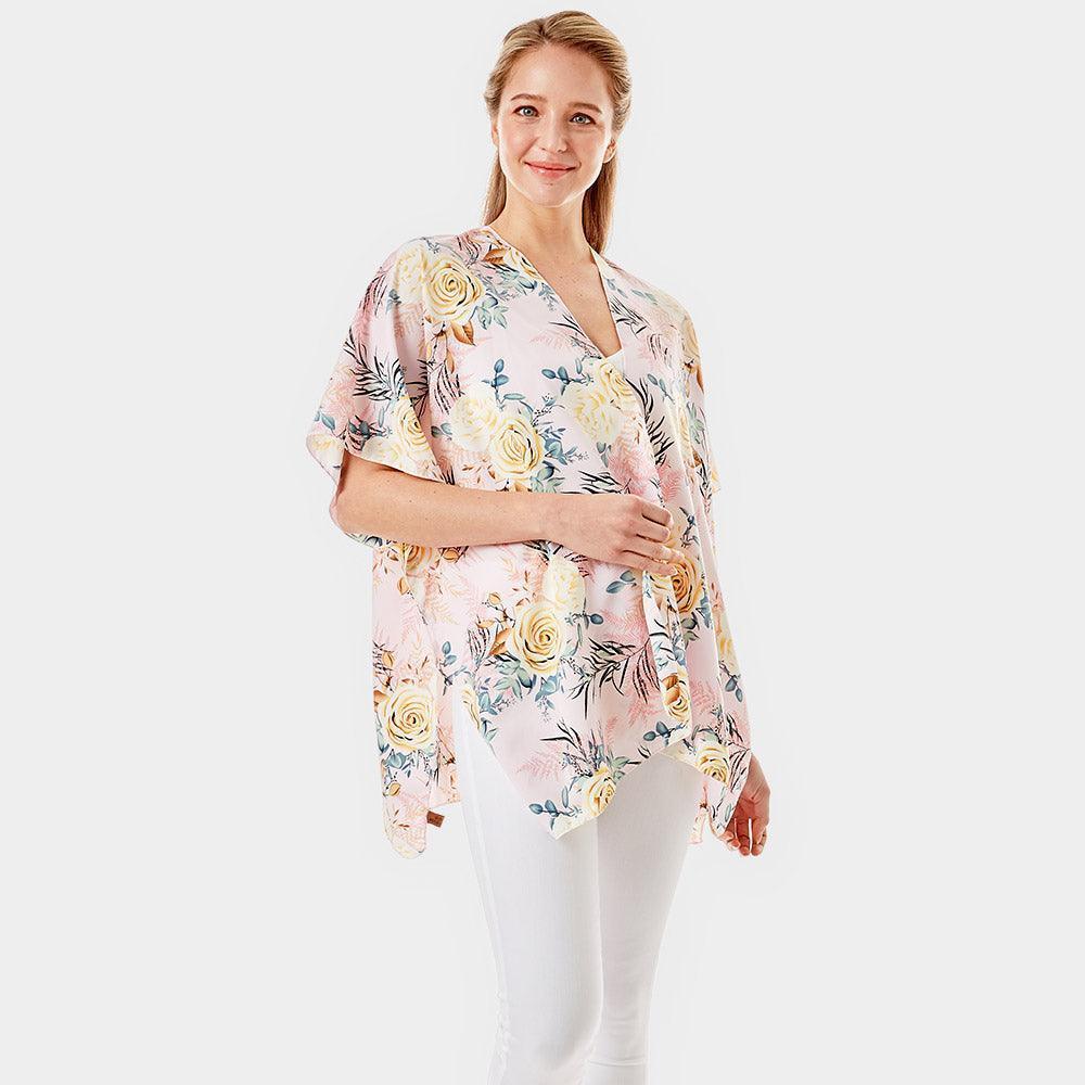 Pink Garden Rose Flower Printed Cover Up Poncho Kimono Poncho - Jewelry Store by Erik Rayo